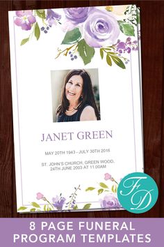 Funeral Program Template with a beautiful lilac and purple floral design. #memorialprogram #funeralprograms #funeraltemplate #printableprogram #celebrationoflife #obituarytemplate Derby Ideas, Lilac Bouquet, Watercolor Printable, Purple Watercolor