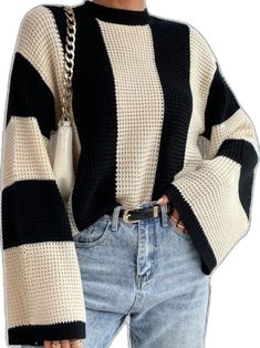 Crochet Streetwear, Apricot Sweater, Oversized Striped Sweater, Striped Knitted Sweater, Patchwork Top, Winter Mode, Sleeves Clothing, Long Sleeve Knit Sweaters, Outfit Casual