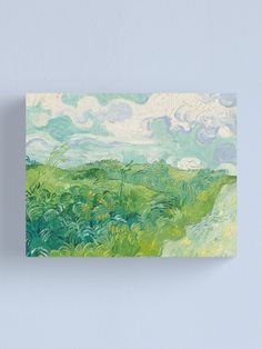 an abstract painting with green grass and clouds in the sky canvas print on wall art