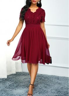 Color:Wine Red;Size:M;Color Scheme:Red;Composition:95% Polyester, 5% Spandex;Washing Instructions:Hand Wash;Package Contents:1 x Dress;Neckline:V Neck;Pattern Type:Solid;Dress Length:Knee Length;Sleeve&apos;s Length:Short Sleeve;Silhouette:High waist;Style:Elegant;Occasion:Party;Clothing Length:105.00;Decoration:Lace Patchwork;Season:Summer; Red Dress Sleeves, Lace Panel Dress, The Cardigans, 파티 드레스, Fashion Dresses Online, High Waist Dress, Panel Dress, Lace Panelled, Solid Dress