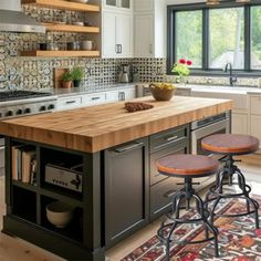 a kitchen with two stools in front of an island