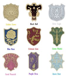 six different types of emblems with the names of them in each one, including black bull, blue rose, crimson lion, purple or green dragon