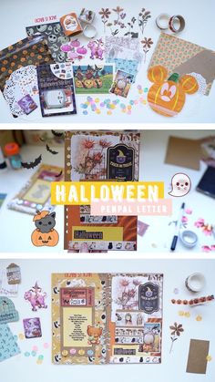 halloween scrapbook pages are arranged on a table