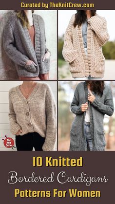 knitted cardigans for women with text overlay that reads 10 knitted bordered cardigans patterns for women