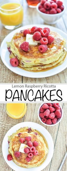 pancakes with raspberries and butter on top are ready to be eaten for breakfast