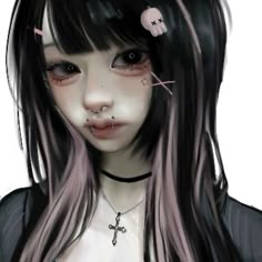 a drawing of a girl with long hair and piercings on her nose, wearing a cross necklace