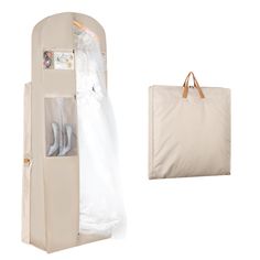 a white garment bag and an over - the - door shoe rack with clothes hanging on it