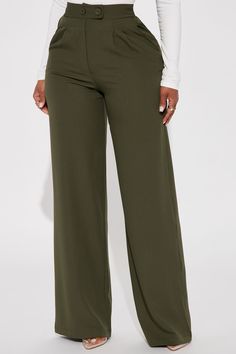 Available In Olive And Mustard. Trouser Pant High Rise 2 Button Detail Front Pleats Invisible Back Zipper Hand Pockets Straight Leg Non Stretch Disclaimer: To Keep The Aesthetic Of This Garment, Please Follow The Care Instructions Carefully. 95% Polyester 5% Spandex Imported | Feeling Focused Trouser in Olive Green size XL by Fashion Nova Fitted Olive Straight Leg Bottoms, Olive Straight Leg Bottoms With Pockets, Military Style Olive Wide Leg Pants, Olive Green Trousers, Olive Wide Leg Military Pants, Olive High-waist Pants With Pockets, Green Trousers, Modest Fashion Outfits, Trouser Pants