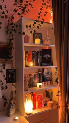 a bookshelf filled with lots of books next to a window