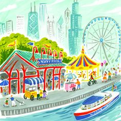 Downtown Chicago Navy Pier illustration detail with Chicago skyline; artwork by Angela Staehling Lodge Illustration, Pier Illustration, Chicago Drawing, Chicago Skyline Art, Chicago Christmas, Navy Pier Chicago, Skyline Artwork