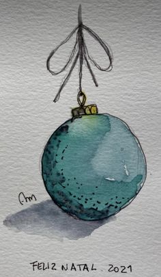 a drawing of a blue ornament hanging from a string