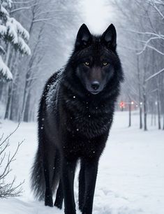 a large black wolf standing in the snow