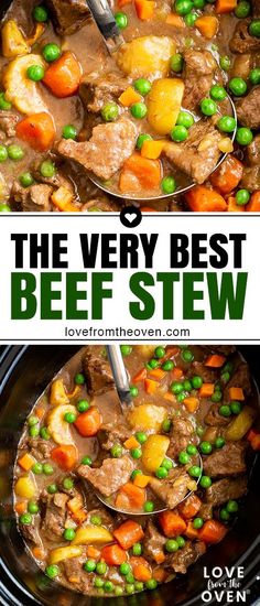 the very best beef stew recipe in a slow cooker with peas and carrots