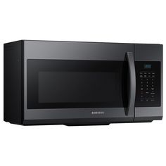 a black samsung microwave oven with the door open and buttons on it's side