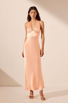 La Lune Plunged Halter Midi Dress | Peach | Dresses | Shona Joy Peach Dress Outfit Wedding, Peach Pink Dress, Peach Dresses, Peach Color Dress, Dress Deep V Neck, Plunge Midi Dress, Peach Party, Dress Peach, Peach Dress