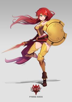 a woman dressed in armor and holding a shield with long red hair, standing on one leg