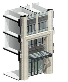 an architectural drawing of a three story building with balconies on the second floor