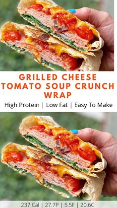 the grilled cheese tomato soup crunch wrap has been cut in half and is ready to be eaten