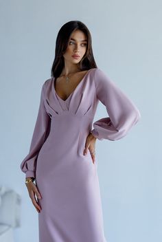 Lavender V-Neck Puff-Sleeve Midi Dress – ELAGIA Feminine Fitted Puff Sleeve V-neck Dress, Fitted Feminine Puff Sleeve Dress With V-neck, Formal V-neck Puff Sleeve Dress, Elegant Solid Puff Sleeve V-neck Dress, Feminine V-neck Puff Sleeve Formal Dress, Feminine Formal Puff Sleeve V-neck Dress, Formal V-neck Dress With Gathered Sleeves, Elegant V-neck Dress With Puff Gathered Sleeves, Elegant V-neck Dress With Puff Sleeves