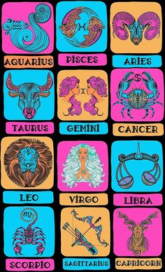 zodiac signs in different colors and sizes on a black background with pink, blue, yellow and