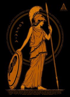 an ancient greek woman holding a spear and shield with the word kora on it