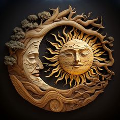 the sun and moon carved into wood are shown in this artistic art work on display