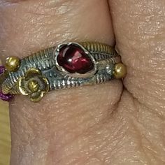 Sterling Silver With Brass Overlay 4 Bands Soldered Together Make Up This S Tr Acked Look Setting.. Features A Garnet In A Crimped Bezel 5 Rings, Garnet Ring, Ring Color, Garnet Rings, Womens Jewelry Rings, Sterling Silver Jewelry, Garnet, Silver Jewelry, Make Up