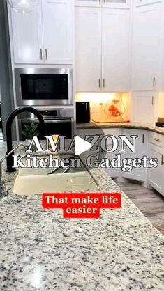 a kitchen with white cabinets and granite counter tops in an open floor plan that reads, am izon kitchen gadgets that make life easier