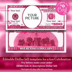 a pink one dollar bill with the words, your picture and an image on it