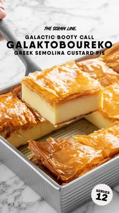 some food is sitting in a pan on a table with the words galaato bouyreko greek semolinia custard