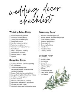 the wedding decor checklist is shown in black and white with greenery on it