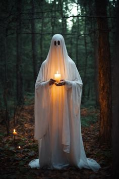 a ghost holding a lit candle in the woods with two hands on it's chest