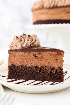 a slice of chocolate cake on a white plate