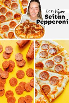 a collage of photos with different types of pizzas and the words easy vegan seitan peperoni