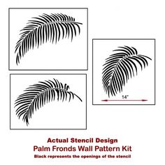 the palm tree stencil design is shown in three different sizes and colors, including black