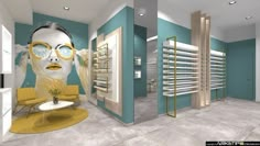 an artistic rendering of a woman's face with glasses in a retail store setting