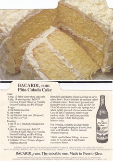 an advertisement for bacardi rum and pineapple cake with frosting on it