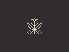 the logo for a flower shop with scissors and flowers on it's side, in white