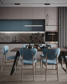 a dining room table with blue chairs around it and a black stove top oven in the background