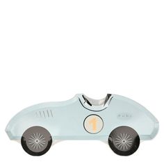 a plastic toy car with wheels and spokes on the front is shown in light blue