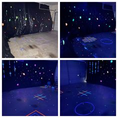 four different shots of the inside of a room with neon lights and circles on the floor