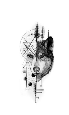 a drawing of a wolf's head with geometric shapes and trees in the background