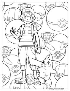 the pokemon coloring page with an image of a boy and his dog in front of some balls