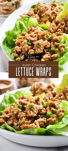 lettuce wraps filled with chicken and lettuce leaves on a white plate