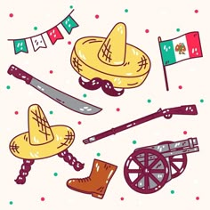 an image of mexican items on the ground with confetti and flags in the background