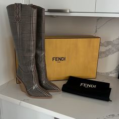 Fendi Ff Western Boots Plaid Cowboy **Vintage (These Are A Collectors Item No Longer Made By Fendi) Size 38 (7.5-8) Comes With Original Fendi Box, Fendi Packing, Fendi Dust Bags (2), & Fendi Paperwork !!! Almost Impossible To Find Brand New!! Free Shipping And Free Authentication Included !!!!! Don’t Miss Out On This Opportunity!! Fendi Cowboy Boots, Fendi Heels, Two Tone Boots, Fendi Boots, Cowboy Vintage, Tall Heeled Boots, Brown High Heels, Patent Boots, Wrap Boots