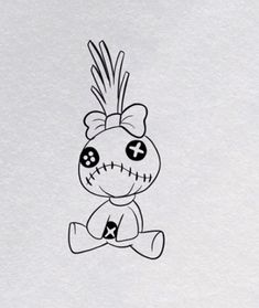 a black and white drawing of a cartoon character sitting on the ground with one eye open