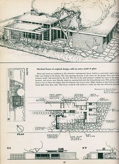 an old book with some drawings on the front and back pages showing different types of houses