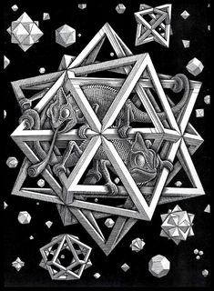 an artistic drawing with many different shapes and sizes on black paper, including cubes