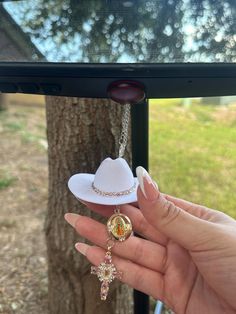 Hat with rhinestones trim. Gem cross charm and Virgin Mary charm 3 inch hat.  Charms comes ready to hang Different colors available Girlie Aesthetic, Mini Cowboy Hat, Hat Charms, Western Car, Rearview Mirror Decoration, Car Interior Diy, Christmas Crafts For Kids To Make, Rear View Mirror Decor, Faith Cross